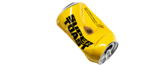pipe made out of a crushed yellow super toast can